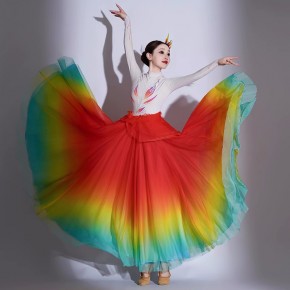 Women girls rainbow colorful opening flamenco dance dresses modern choir stage performance ballroom dance costumes for female